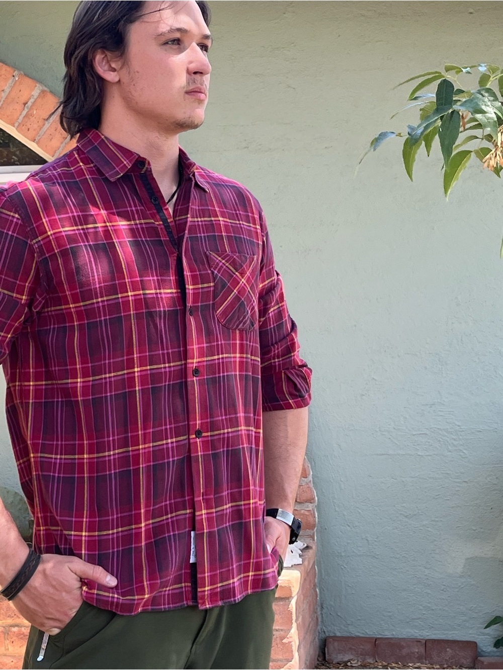 Rag & Bone Men's Red Plaid Button-Up Shirt - Casual Long Sleeve. Size L